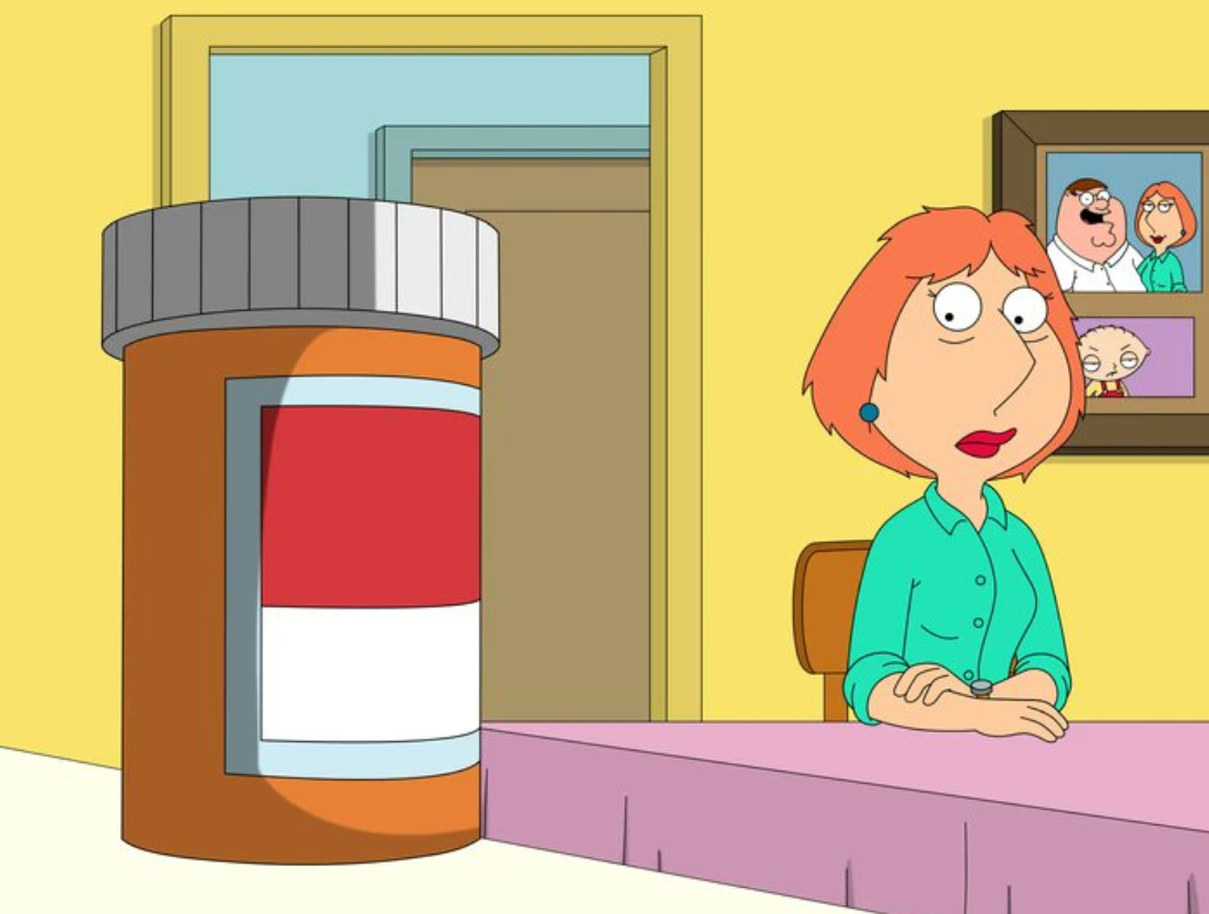lois staring at a bottle of pills